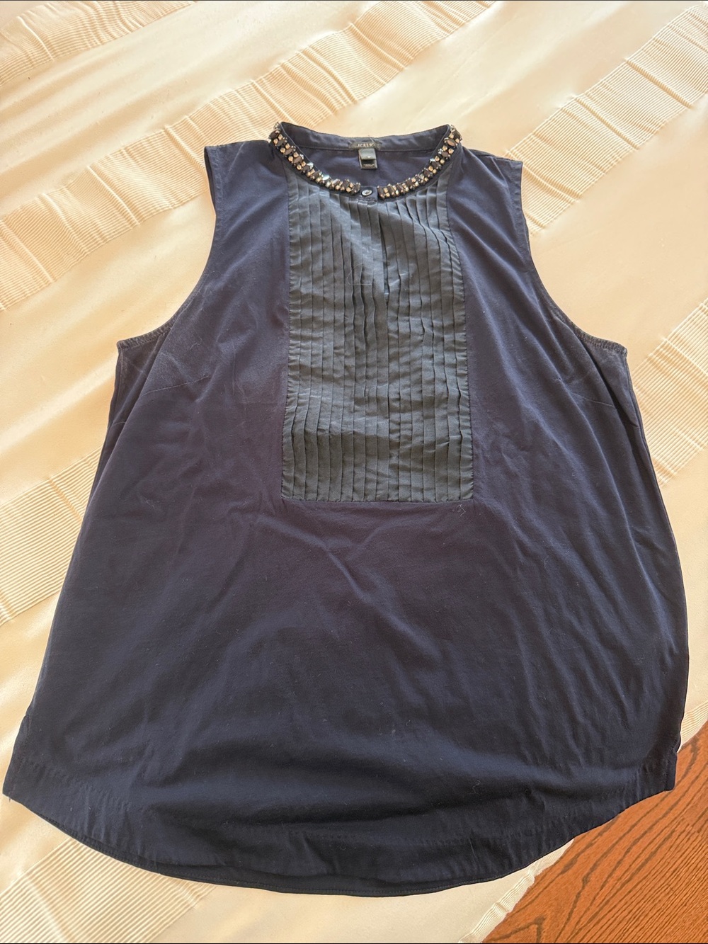 J. Crew Navy Sleeveless Beaded-Neck Pintuck Tank